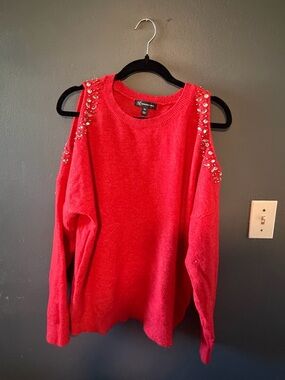 INC International Concepts Red Jeweled Cold-Shoulder Sweater